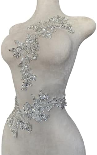 Handmade Rhinestones Bodice lace Applique handsewing Beads Sequins Trim Patch...
