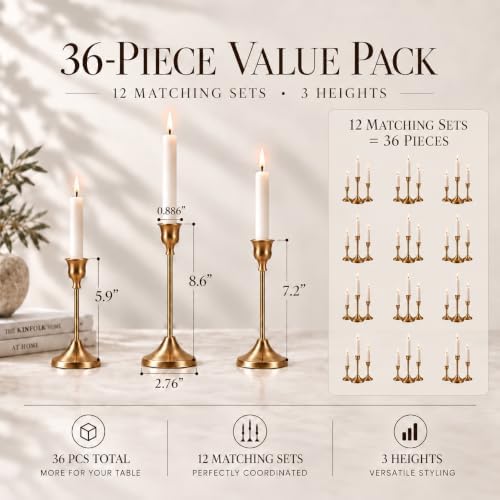 36Pcs Gold Candlestick Holders,12 Set Taper Candle Holders for Candlesticks