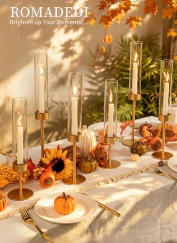 Romadedi Glass Hurricane Candle Holders for Candlestick, Gold, Set of 6