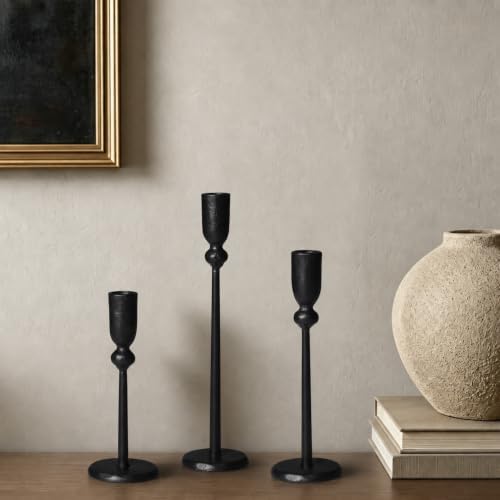 PERFNIQUE Black Candle Holders for Candlesticks Set of 3, Cast Iron Decor