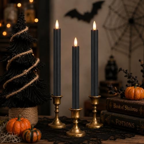 Black Flameless Taper Candles with Remote and Timer, Real Wax, 6 Pack