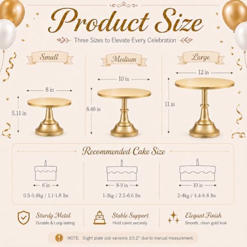 HBlife 3 PCS Gold Cake Stand Set (8"/10"/12" Cake Plate), Metal