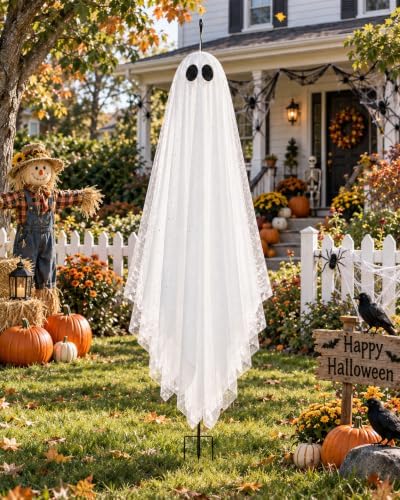Large 4ft Pre-Assembled Hanging Ghost Halloween Decorations with Warm Glow,Gh...