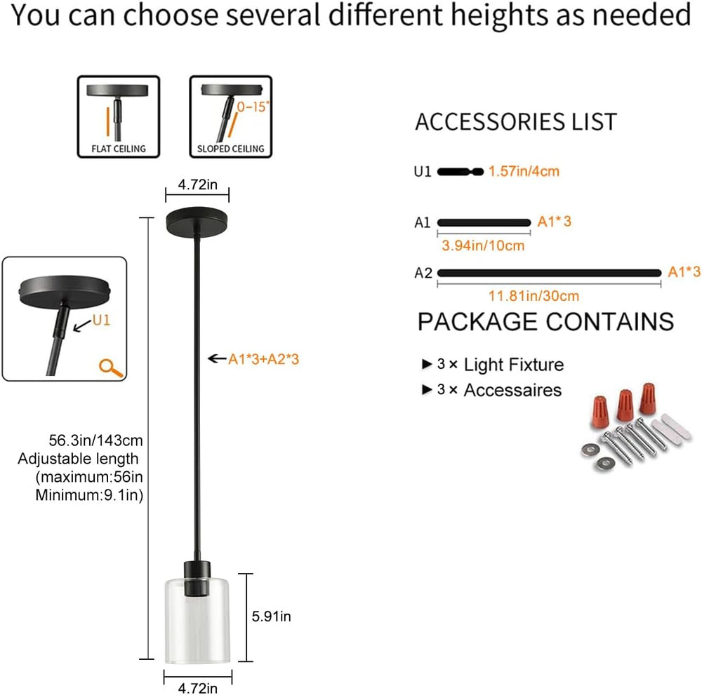 3 Pack Black Pendant Lights Kitchen Island, Modern Industrial Matte Black Han...