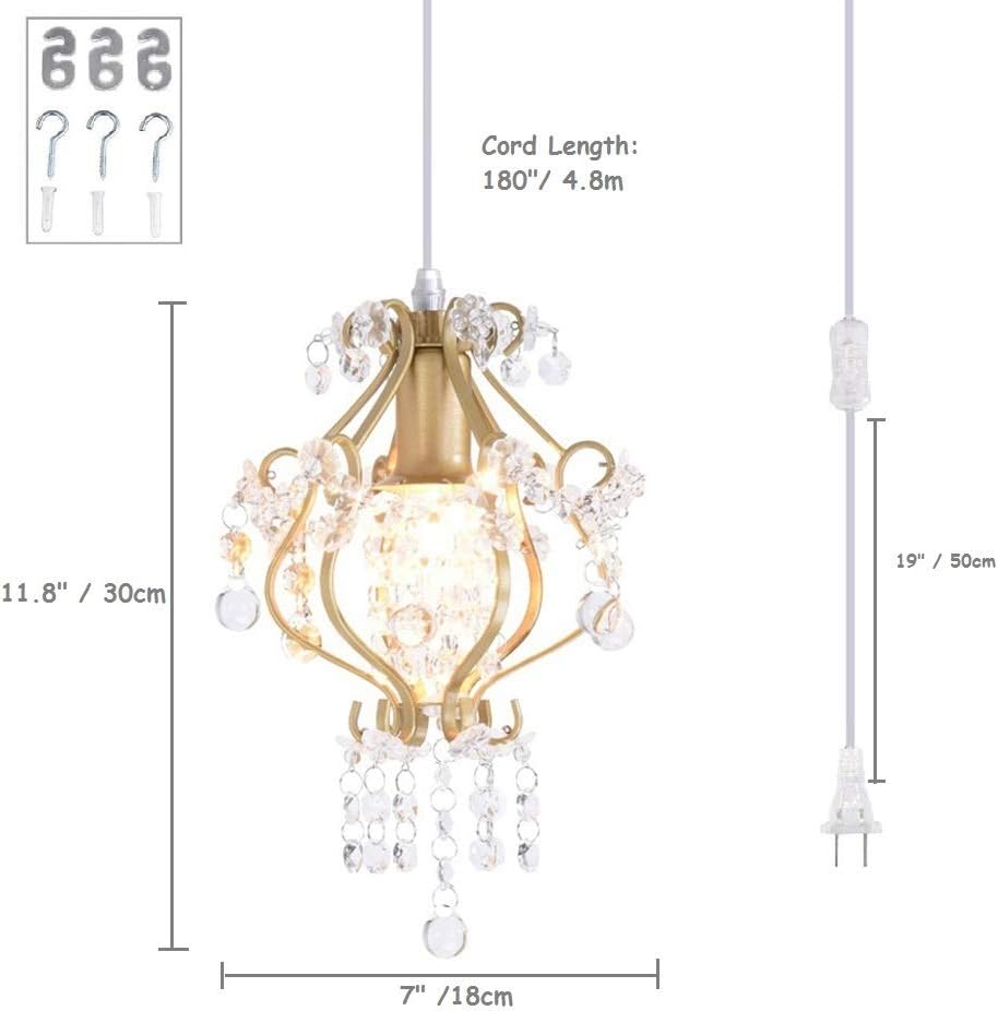 Surpars House Elegant Mini Chandelier Plug in Crystal Pendant Light,Golden