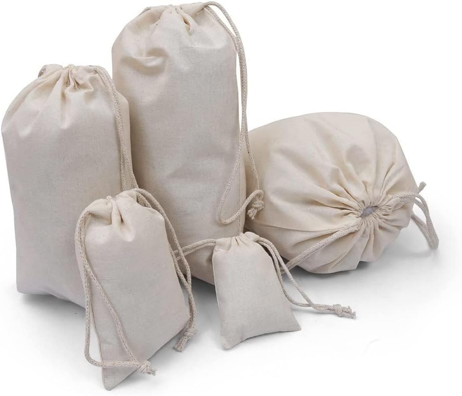 100Pcs 8 x 10 Inches Premium Cotton Muslin Double Drawstring Bags, Reusable B...