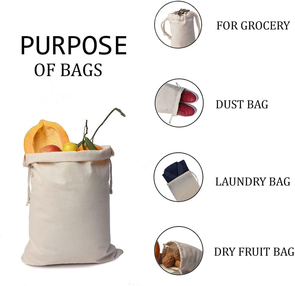 100Pcs 8 x 10 Inches Premium Cotton Muslin Double Drawstring Bags, Reusable B...