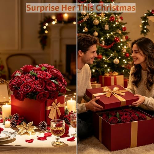 AmyHomie 48 PCS Red Roses, Velvet Realistic Fake Flowers w/Stems