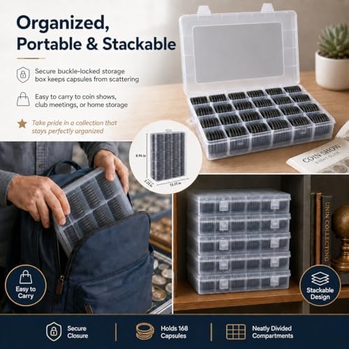 FULLCASE Coin Capsules for Collectors, 168-Piece Storage Case,Fits 20-46mm