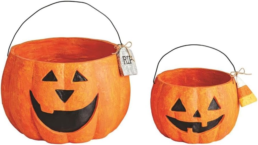 Mud Pie Paper Mache Pumpkin Treat Buckets, Set of 2 Halloween Candy Pails
