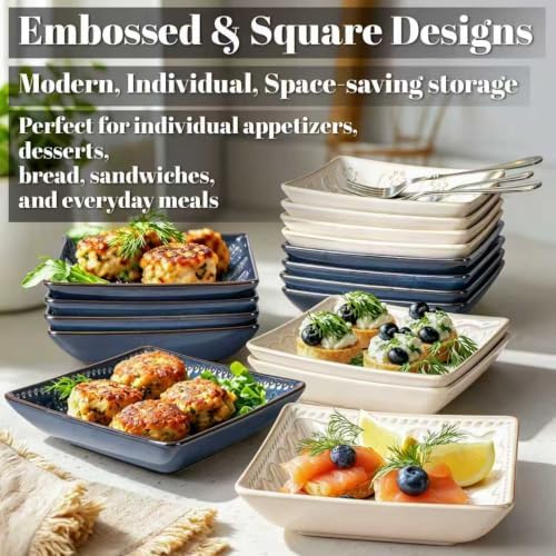 Artena Ceramic Square Dessert Plates Set of 4, 6 Inch Embossed Appetizer Plat...