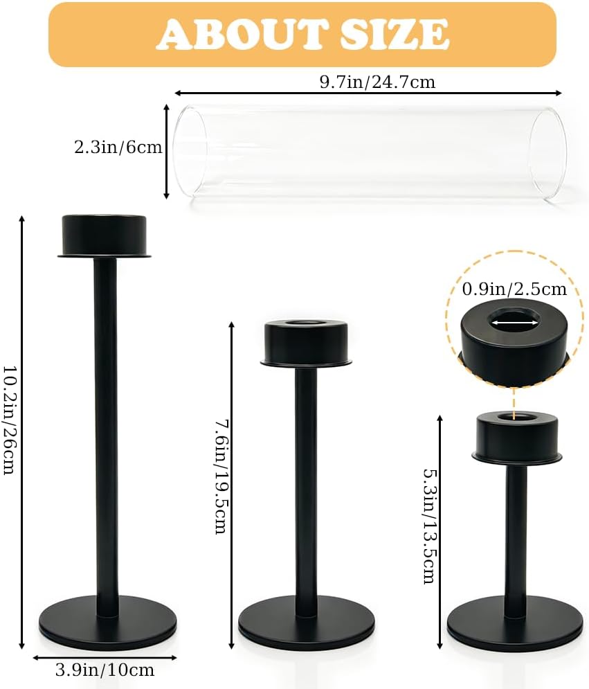Black Taper Candle Holders Set of 6, Glass Hurricane Candlestick Holders