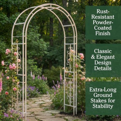 Plow & Hearth Arch Metal Outdoor Garden Arbor Montebello White, 7 Feet Ta...