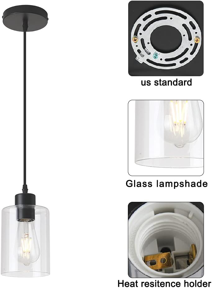 Modern Black Farmhouse Clear Glass Cylinder Pendant Light Fixture,Island Ligh...