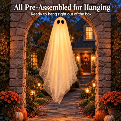 Large 4ft Pre-Assembled Hanging Ghost Halloween Decorations with Warm Glow,Gh...