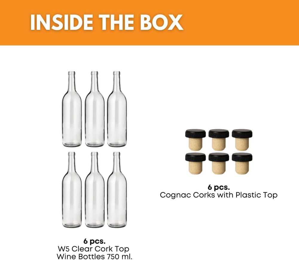 750ml Glass Bottle With Cork W5 Bordeaux - 6-Pack with Cognac T-Corks