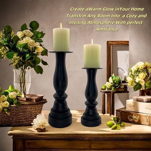 Black Worn Pillar Candle Holder - Rustic Wooden Farmhouse Candlestick Holders...
