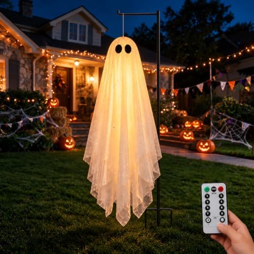 Large 4ft Pre-Assembled Hanging Ghost Halloween Decorations with Warm Glow,Gh...