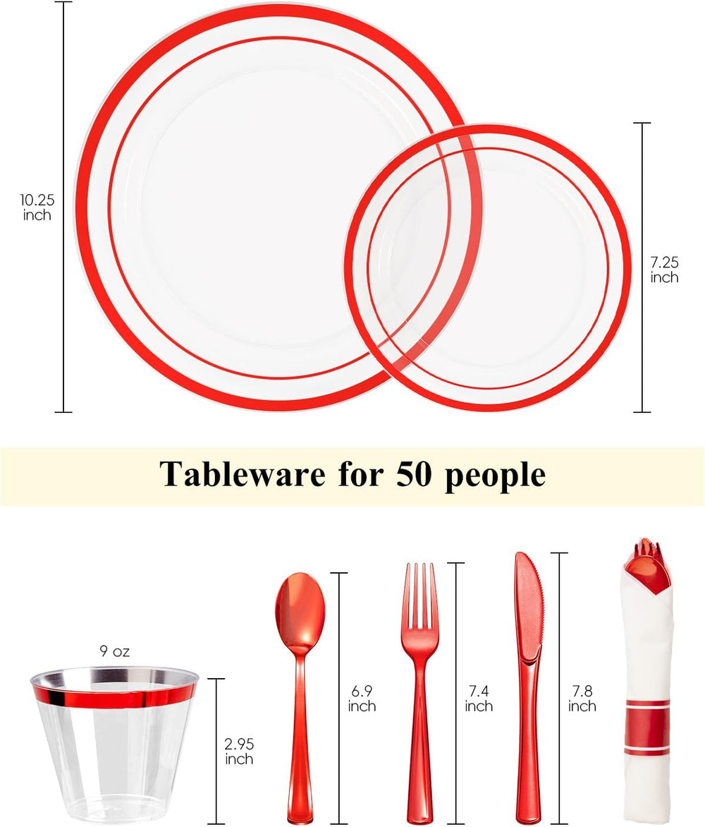350 Pcs Red Disposable Plates, Clear Plastic Plates and Napkins