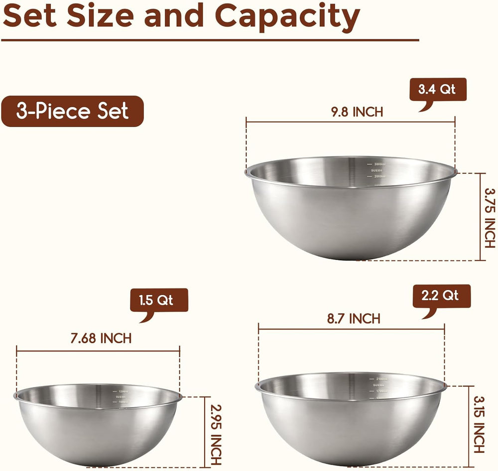 Gronivex Stainless Steel Mixing Bowls Set, 3-Piece (1.5, 2.2 & 3.4 Qt)