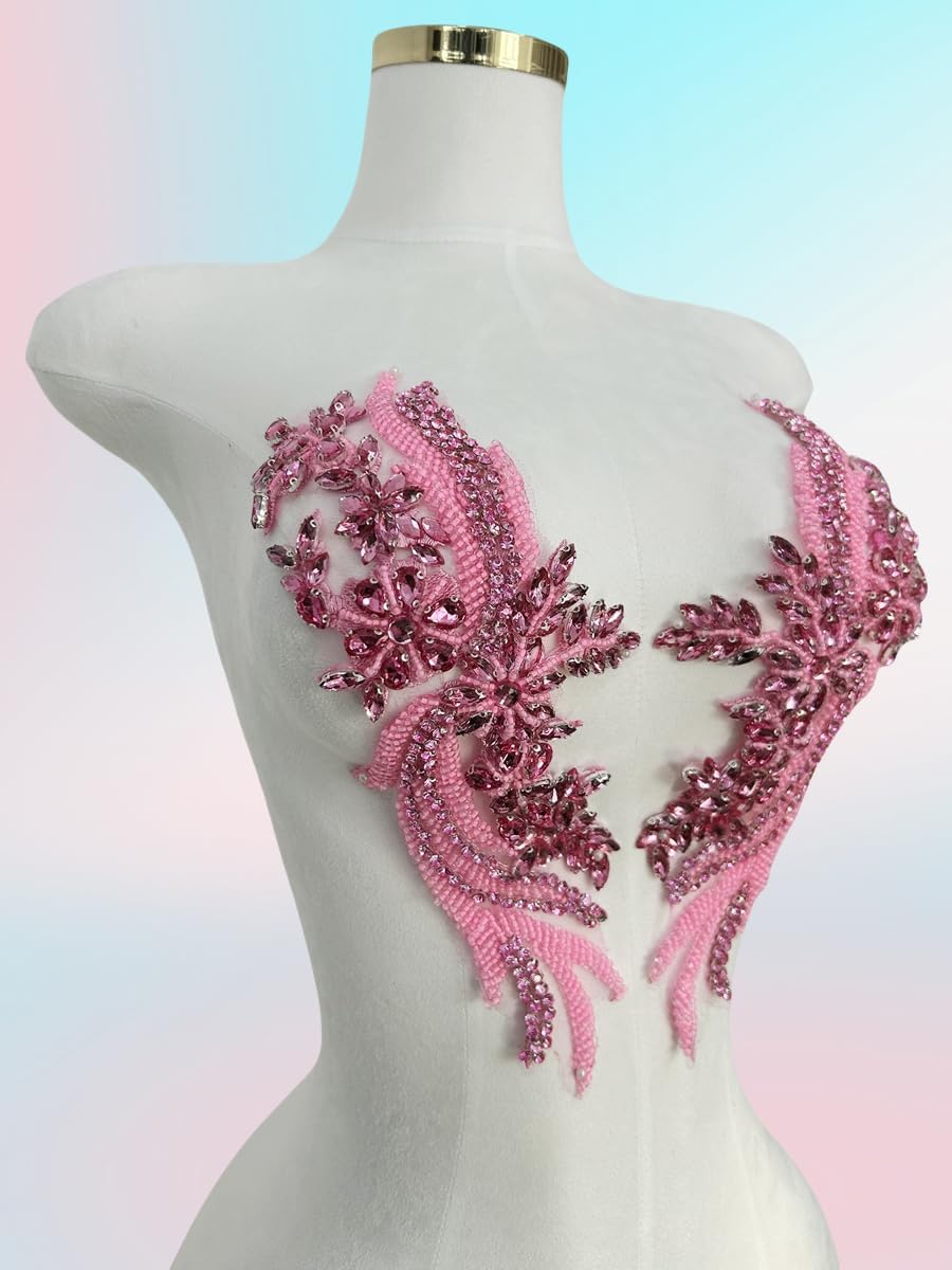 Handmade Rhinestones lace Trim Patches Handsewing Beads Bodice Applique for D...
