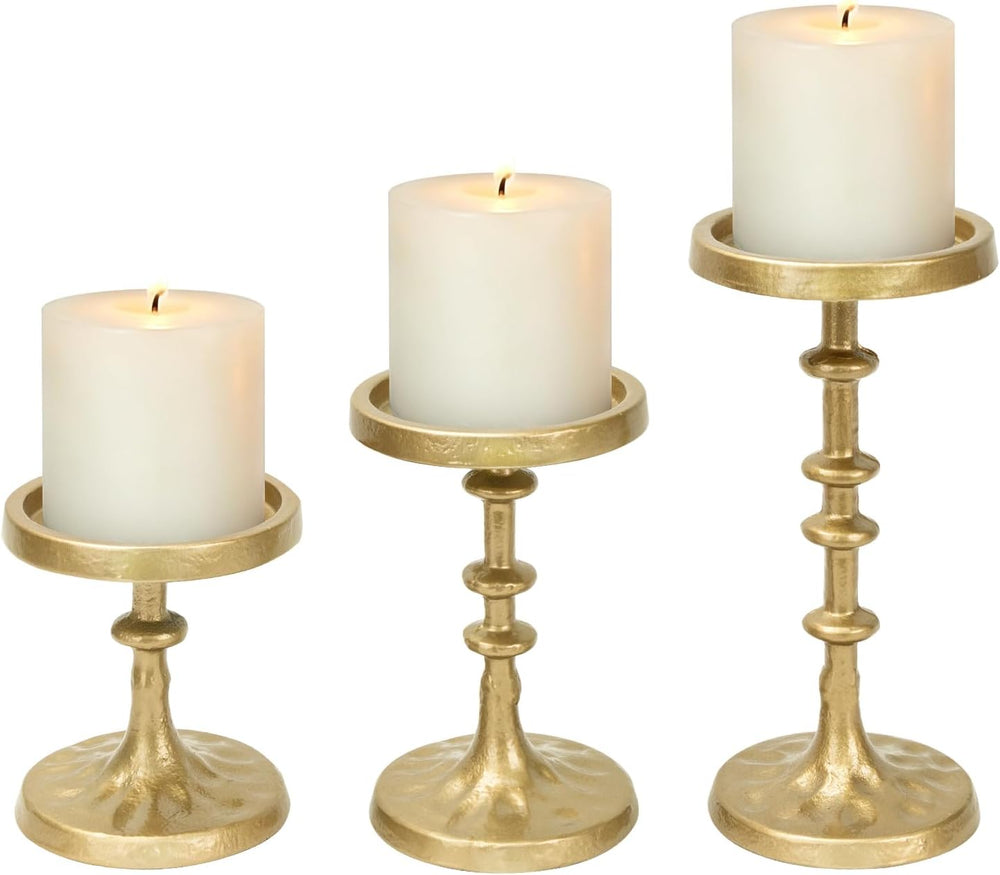 Iron Pillar Gold Candle Holder Set of 3, Heavy Duty Antique Candle Stand