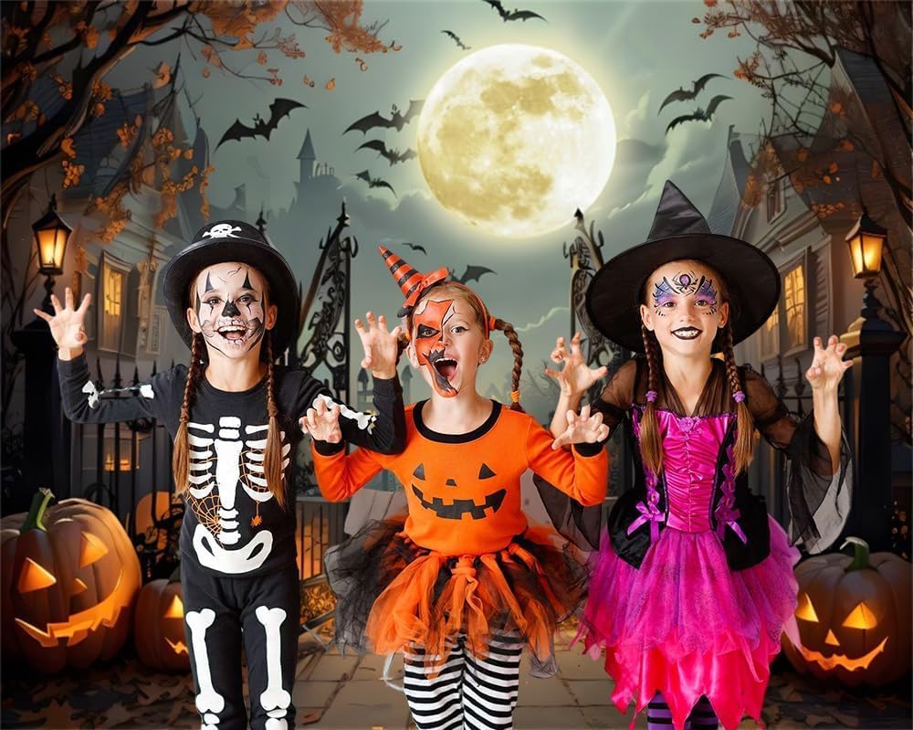 Halloween Backdrop 10x10ft Scary Full Moon Night Pumpkin Ghost Castle Hallowe...