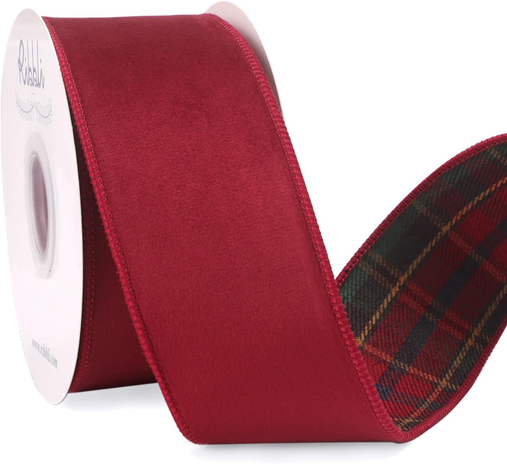 Ribbli Dark Red Velvet Wired Ribbon with Red GreenTartan Plaid Reversible 2.5...