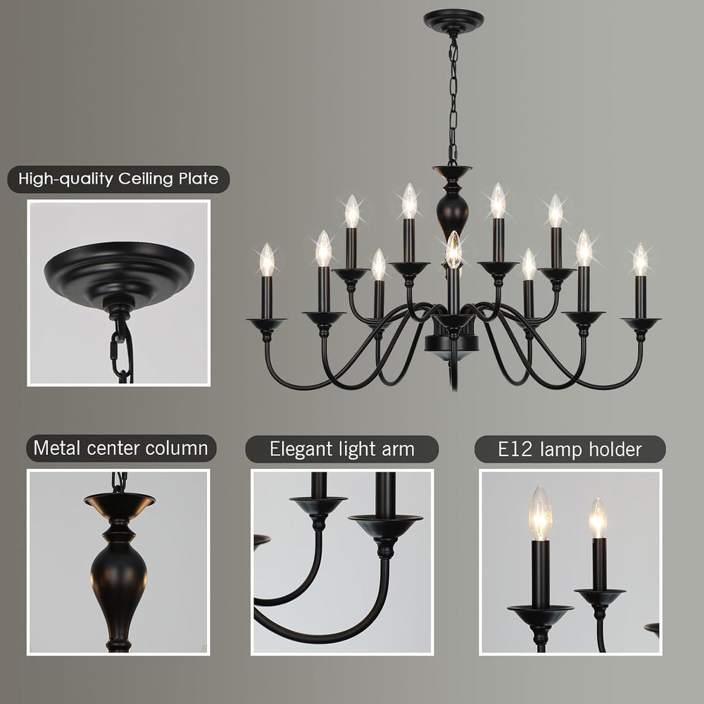 12-Light Black Farmhouse Chandeliers for Dining Room Light Fixture 37"