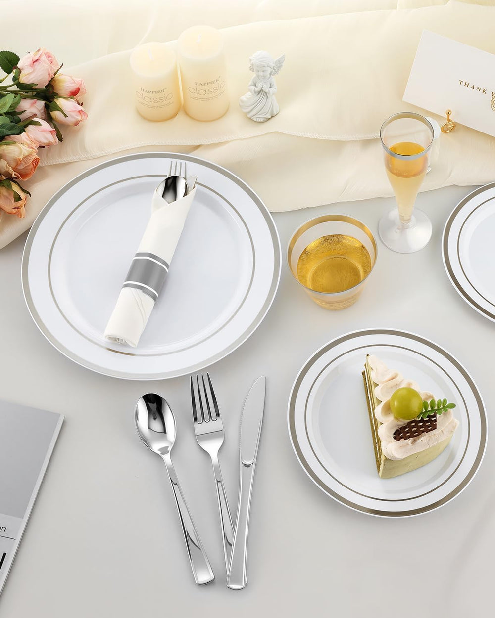 320 PCS Disposable Silver White Plastic Dinner Plate for 40 Guests