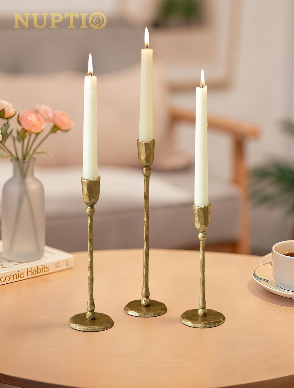 NUPTIO Iron Taper Candle Holders: Antique Brass Candlestick Holder Set of 3