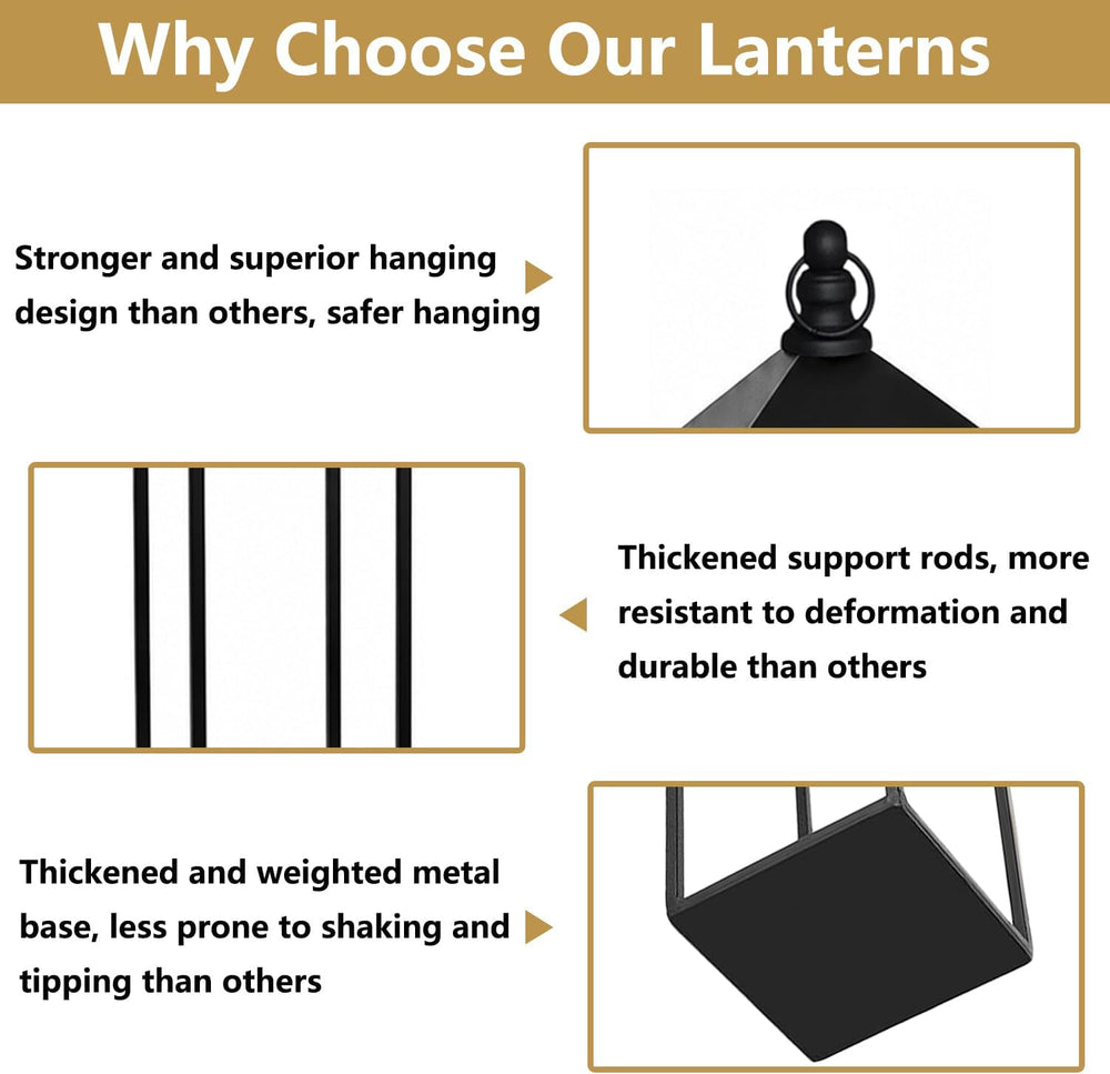Black Floor Lanterns for Outdoor Indoor, Tall Metal Candle Lantern Set of 3