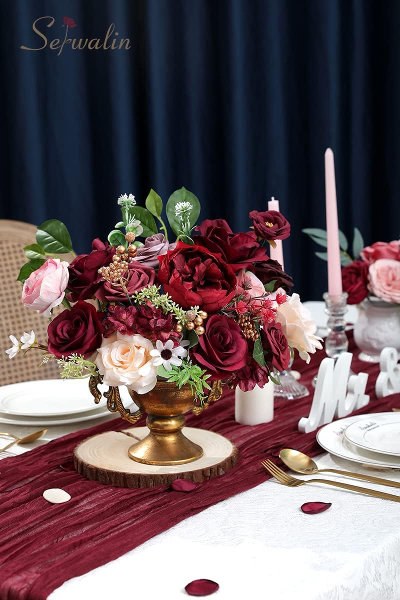 Burgundy Artificial Flowers Combo, Silk Rose Flowers for Wedding