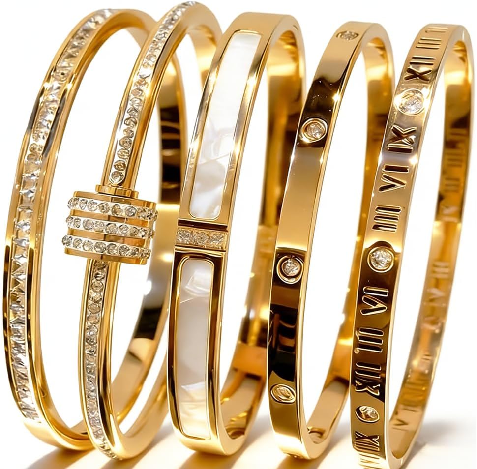CERULEAN 5-Piece Elegant Stainless Steel Bracelet Set, Fashionable Classic De...