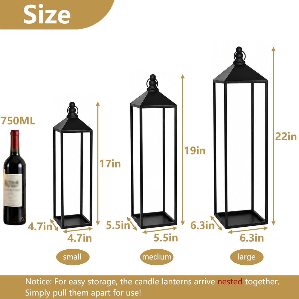 Black Floor Lanterns for Outdoor Indoor, Tall Metal Candle Lantern Set of 3