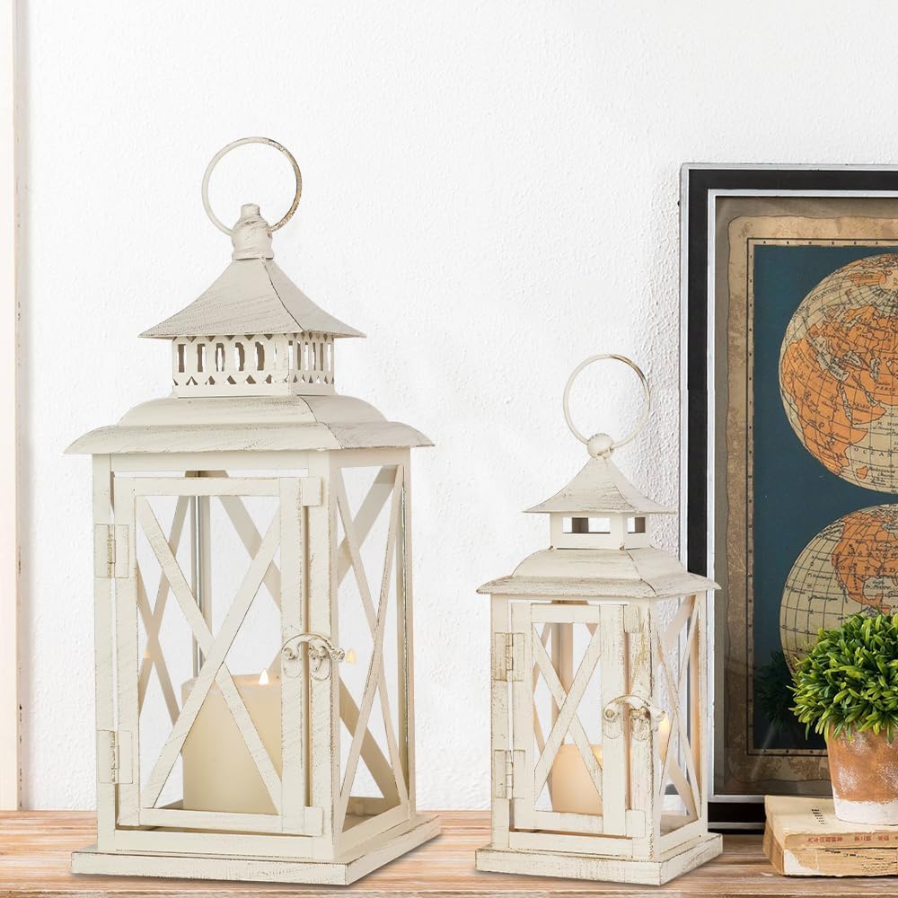 Lanterns Decorative Outdoor&Indoor, Set of 2 (14"&10") Beig...