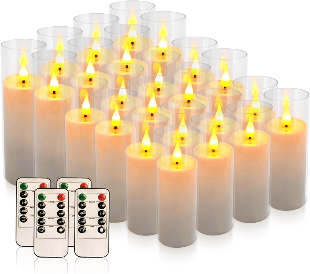 24 Pcs Acrylic LED Flameless Candles with 4 Remote,White,Flickering, Clear, S...