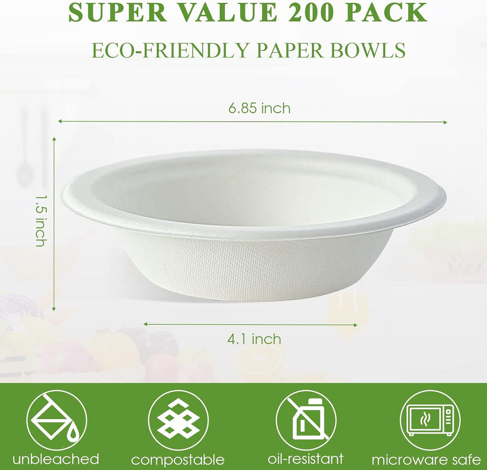 Vplus 200 Pack 16 OZ Compostable Paper Bowls, Bagasse Bowls,White