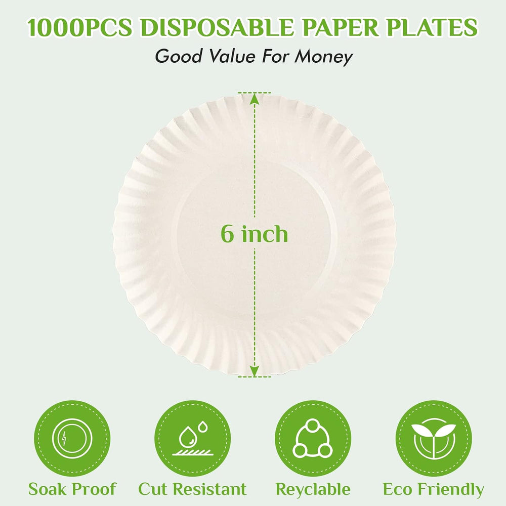 FOCUSLINE 6 Inch Paper Plates 1000 Count, White Small Plates Uncoated
