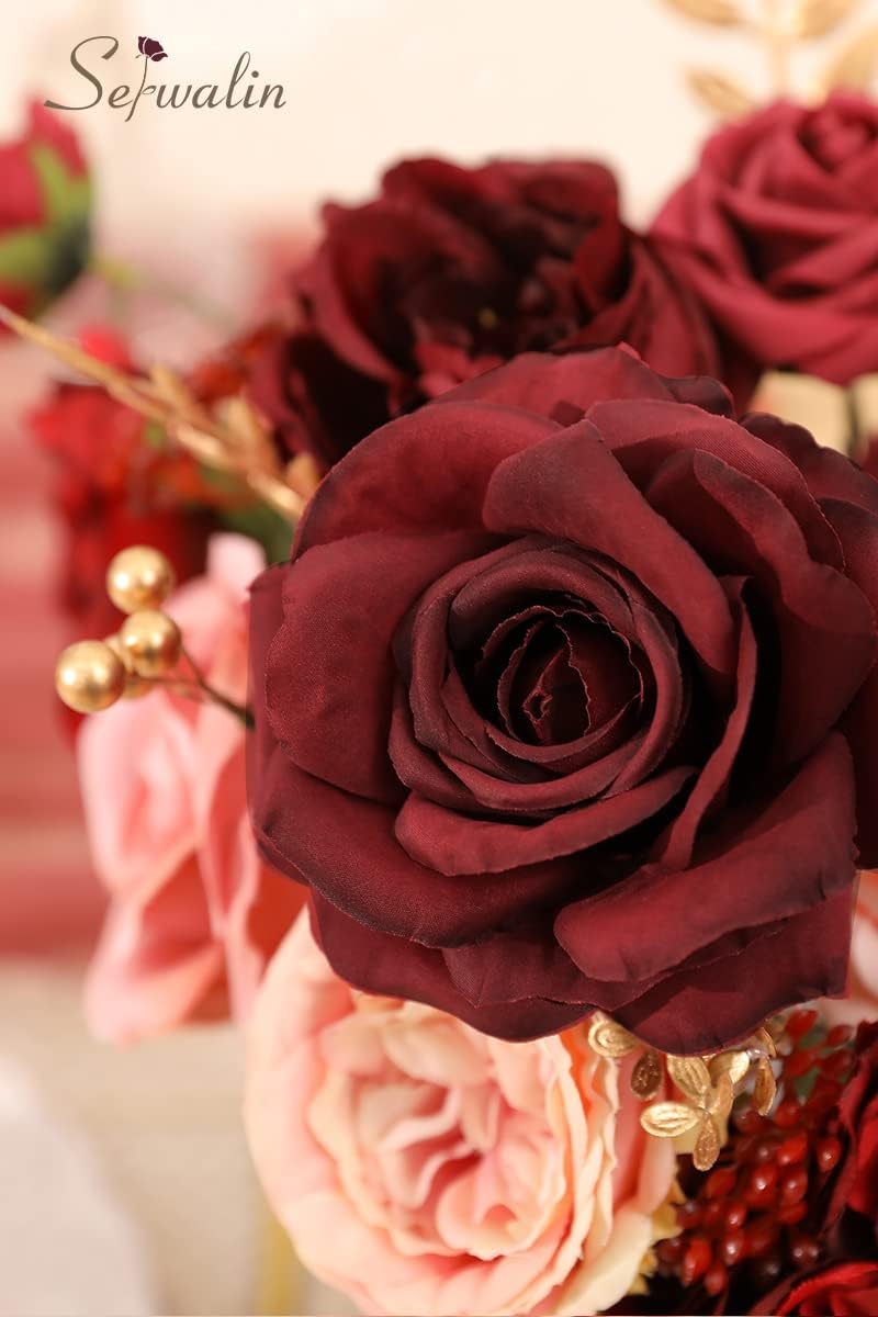 Burgundy Pink Artificial Flowers, Fake Silk Flowers for Wedding