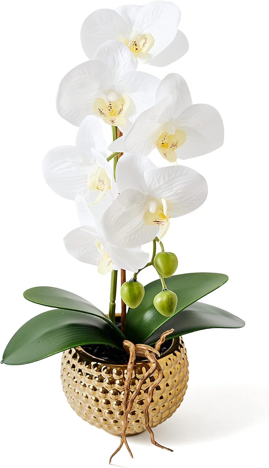 Orchids Artificial Flowers, 15" Faux Orchid in Gold Flower Pot Real Touc...