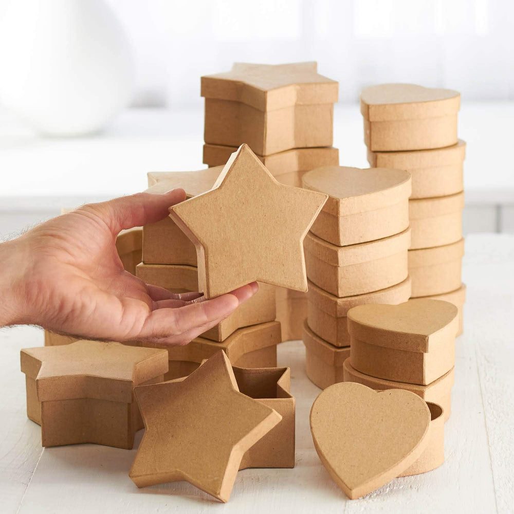 24 Paper Mache Star & Heart Boxes – Blank Craft Favor Box and Lid (3"...