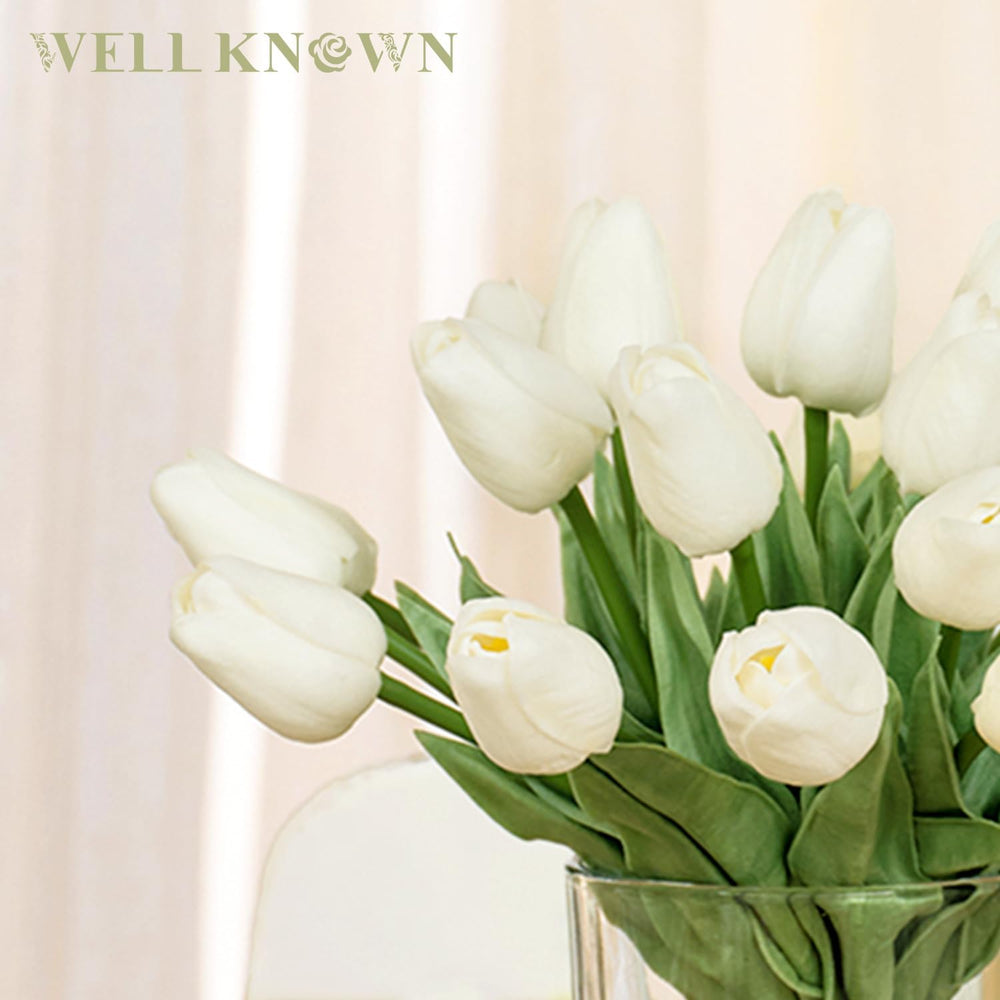 WELL KNOWN 20 Pcs White Tulips Artificial Flowers in Vase with Fake Water