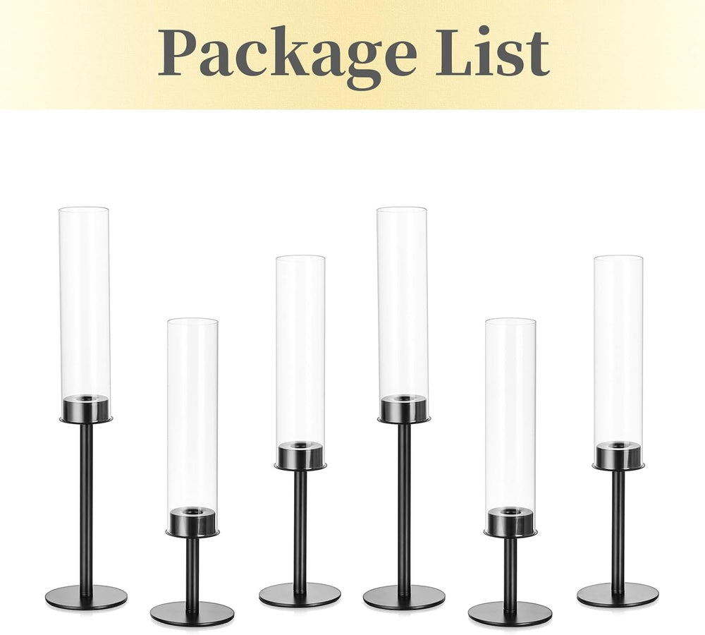 Hewory Black Candlestick Holders: 6PCS Glass Hurricane with Metal Base