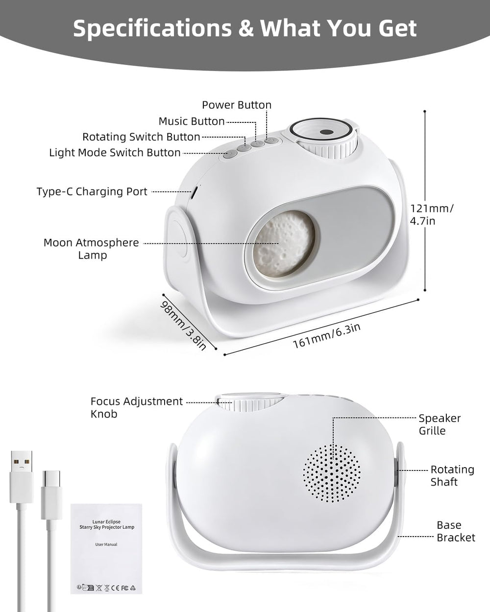 Galaxy Star Projector with Dynamic Lunar Eclipse, White Noise Night Light