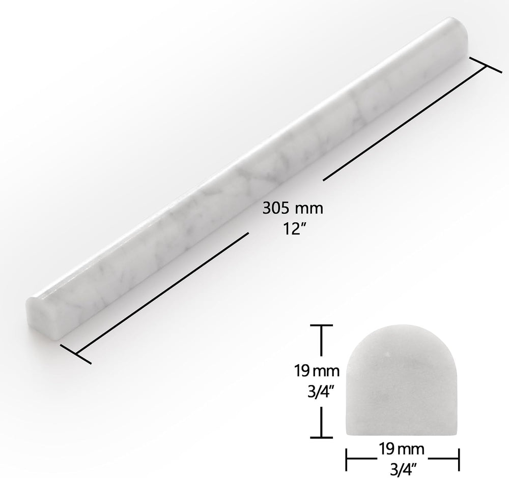 10-Pack Carrara White Marble Pencil Liner Tile, 3/4" x 12" Honed Na...