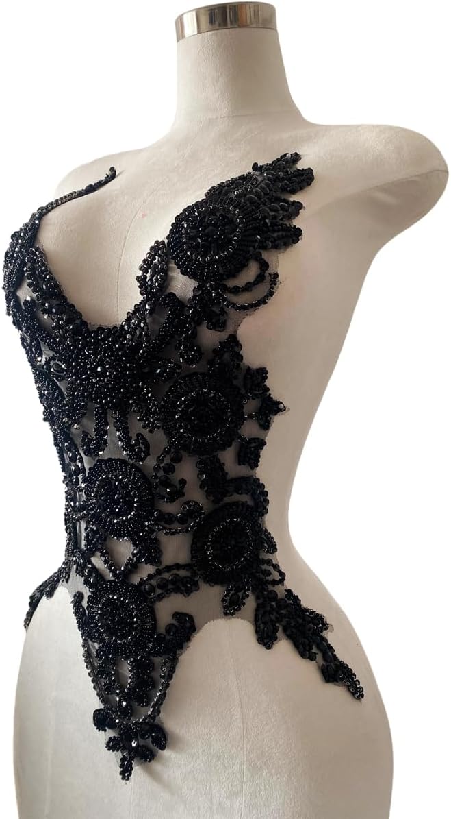 Pure Handmade Bodice lace Rhinestones Applique Sewing Stones Beads Crystal Tr...