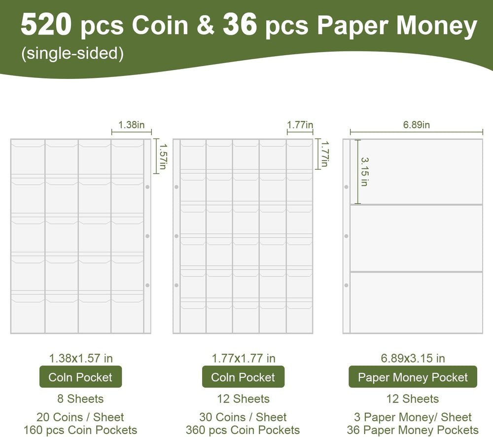 Coin Collection Book Holder for Collectors, 520 Pockets Fireproof Coins Colle...