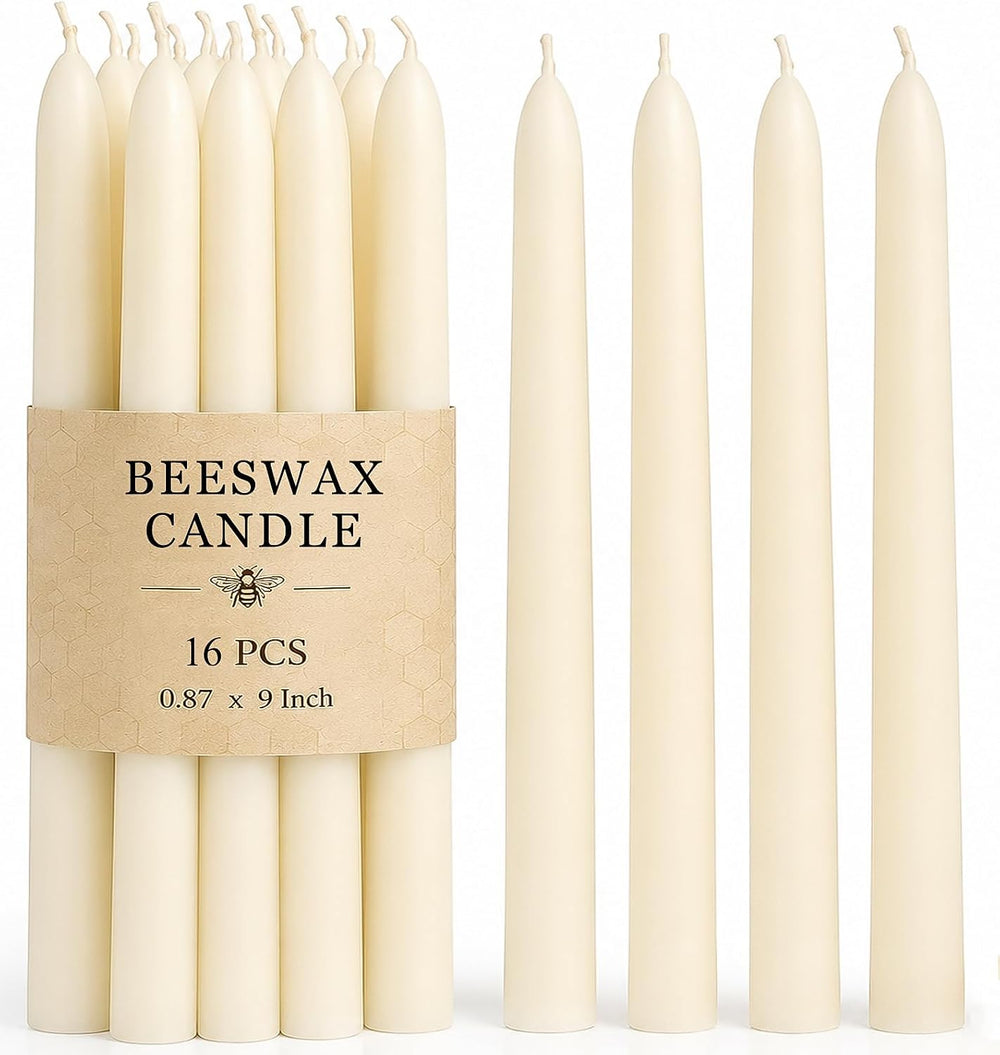 Beeswax Taper Candles 16 Packs, Unscented Ivory Candle Sticks