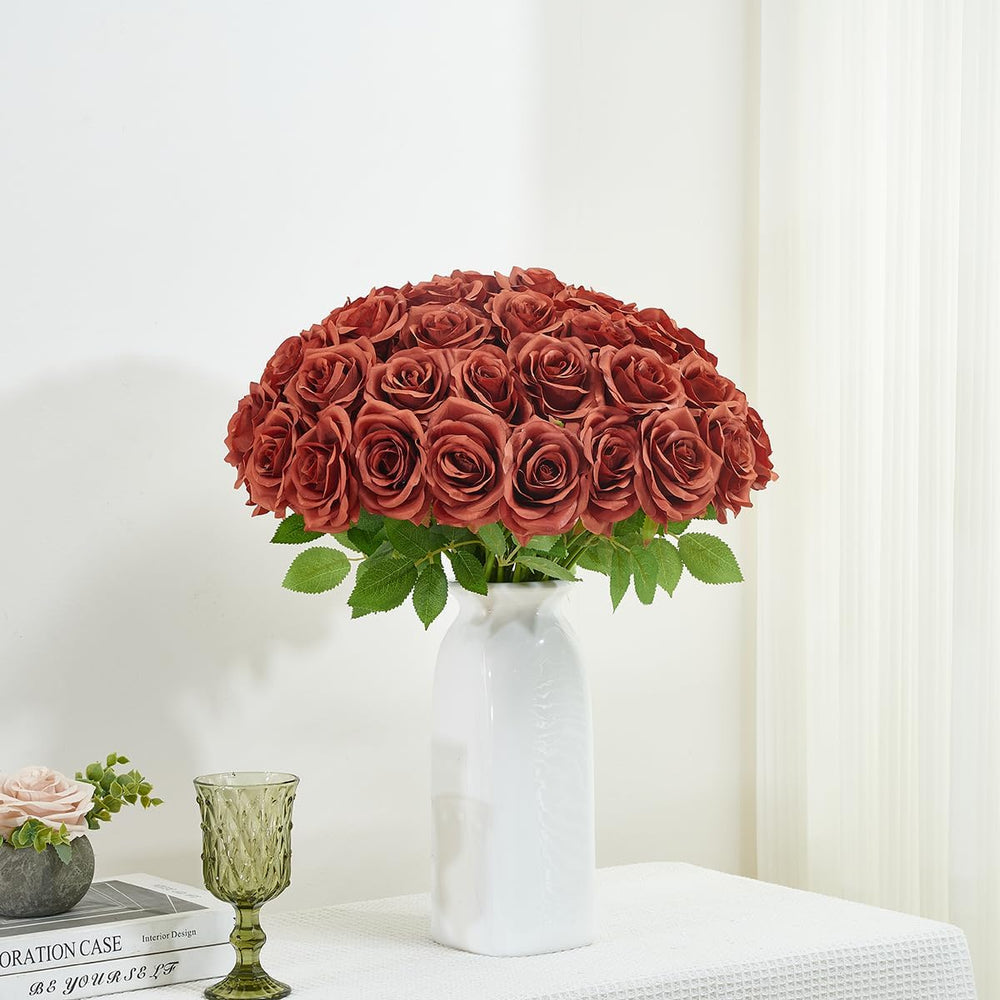 50pcs Burnt Orange Roses Artificial Flowers Bulk,Fake Roses Silk Flower with ...